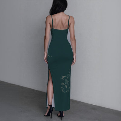 Ptahra B Women's Forest Green/Floral Long Dress with Slit