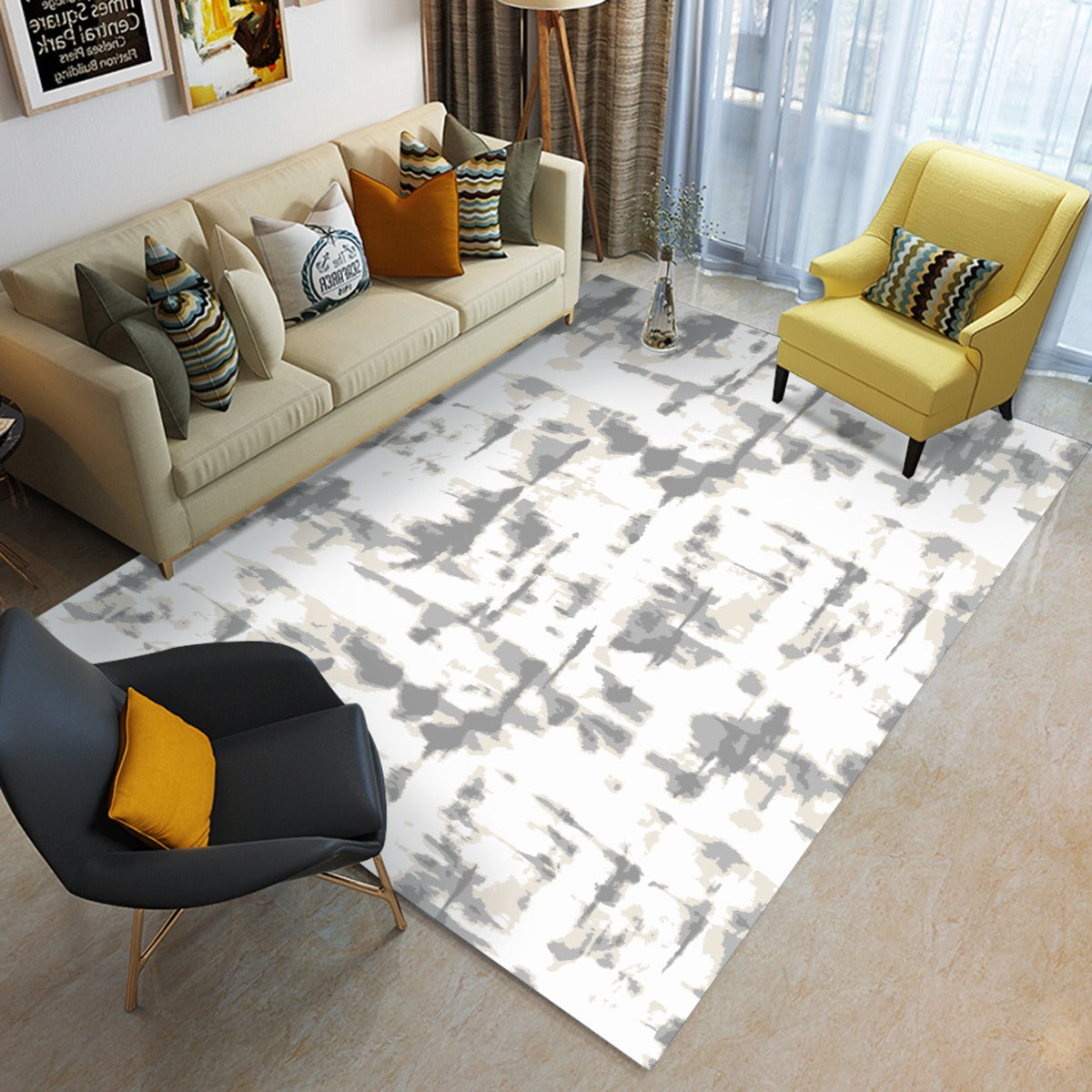 Ptahra B White/Grey Smudge Art Pattern Foldable Rectangular Floor Mat