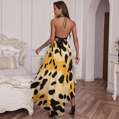 Ptahra Women’s Elegant Mesh Lace/Yellow Black Animal Pattern Evening Dress