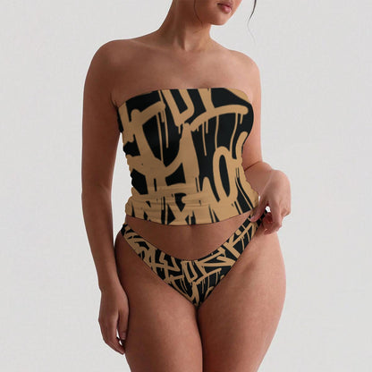 Ptahra Women's Black/Brown Graffiti Strapless Tube Top Set