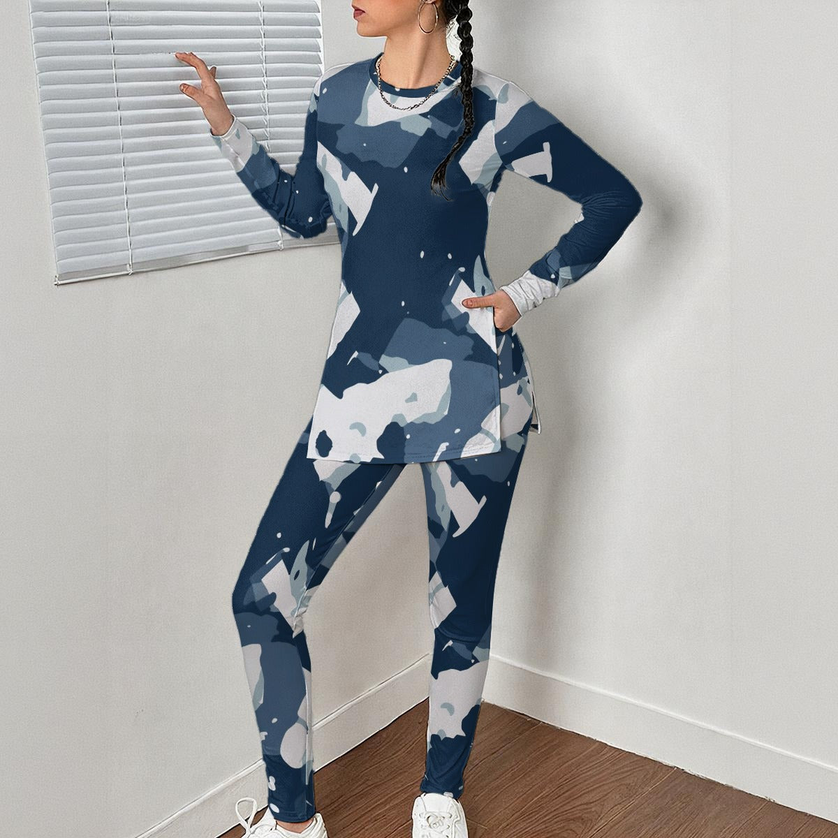 Ptahra B Women's Multi-Blue/White Art Design Side Split T-shirt Set