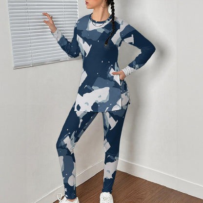 Ptahra B Women's Multi-Blue/White Art Design Side Split T-shirt Set