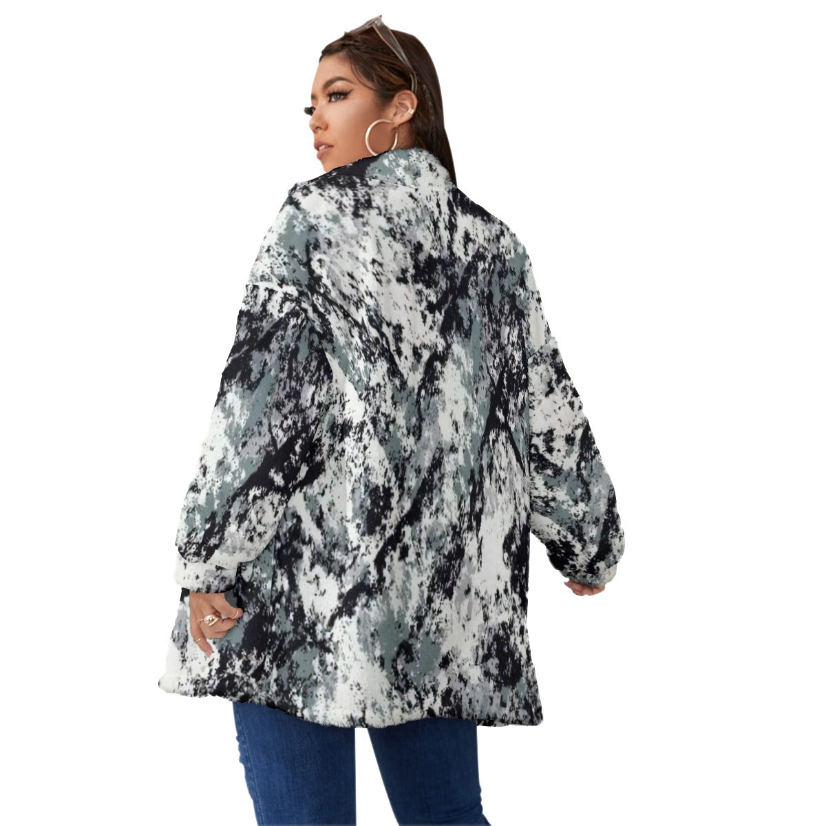 Ptahra B Grey/White/Black Borg Fleece Stand-up Collar Coat with Zipper Closure (Plus Size)