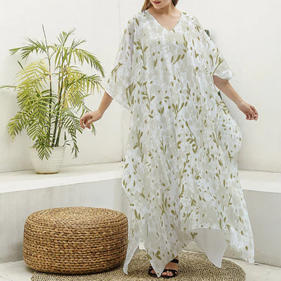 Ptahra B Women's Thin Leaf Pattern Imitation Silk V-neck Kaftan Robe