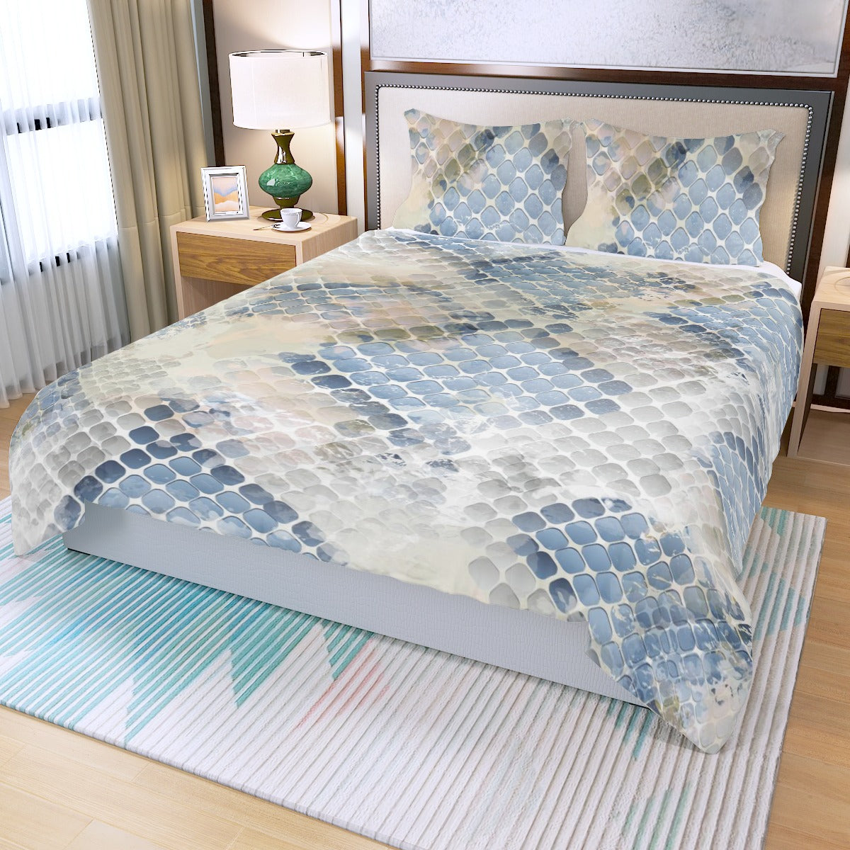 Ptahra Blue/Beige Scale Type Pattern Beachie Three Piece Duvet Bedding Set