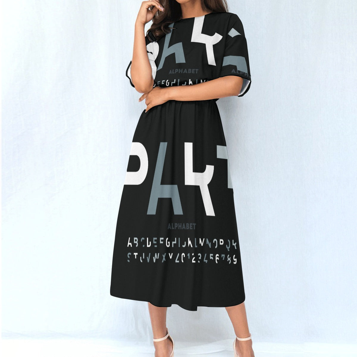 Ptahtra B Women's Black with Lettering Elastic Waist Dress