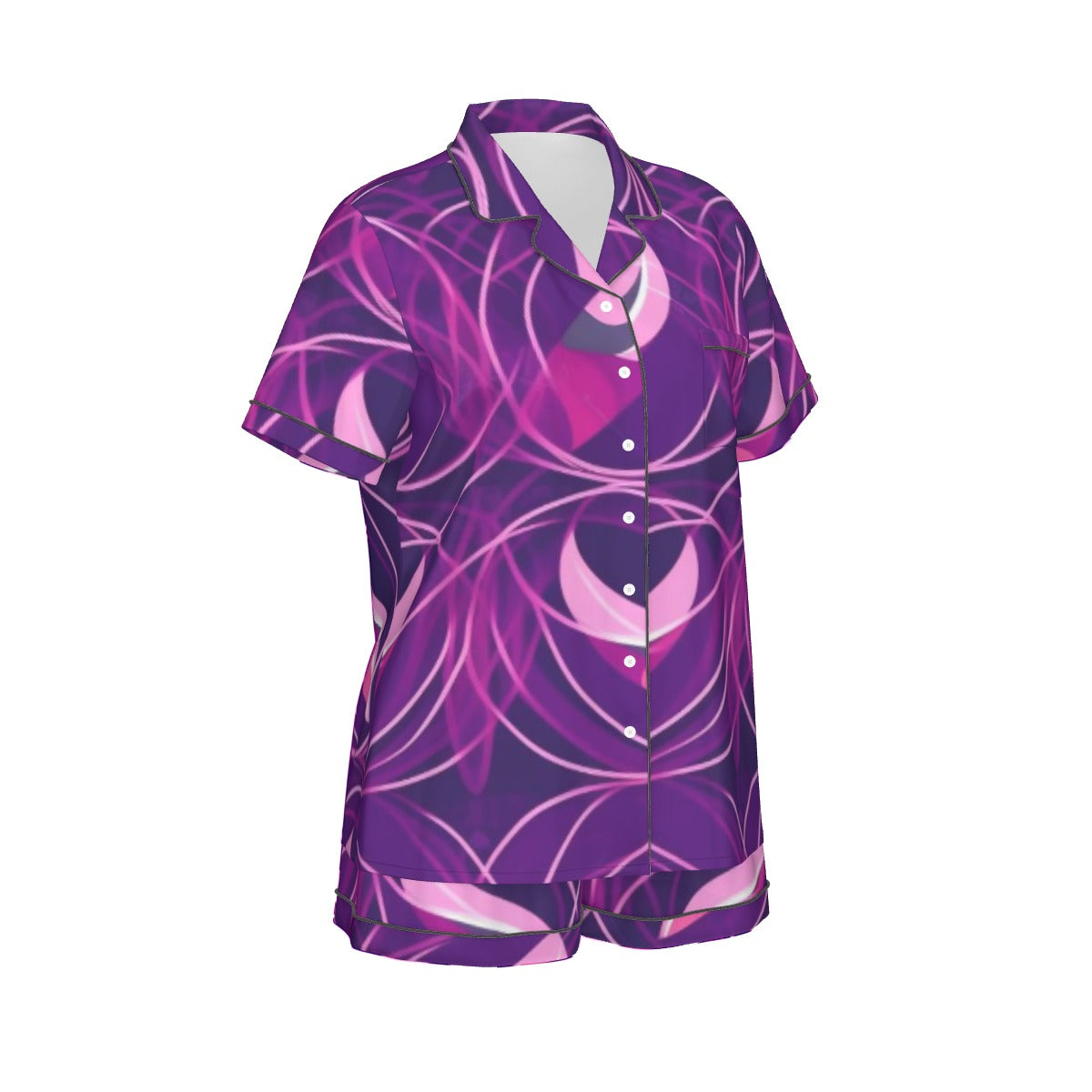 Ptahra B Purple Design Women's Imitation Silk Pajama Set With Short Sleeve