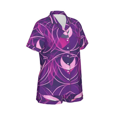 Ptahra B Purple Design Women's Imitation Silk Pajama Set With Short Sleeve