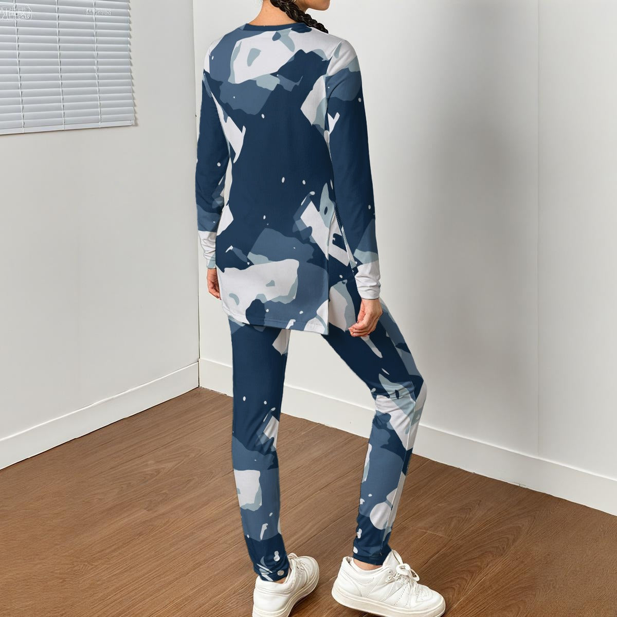 Ptahra B Women's Multi-Blue/White Art Design Side Split T-shirt Set