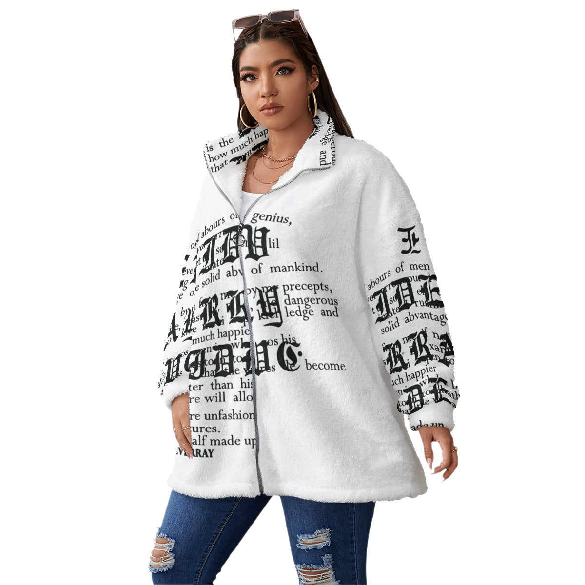 Ptahra B White/Black Writing Borg Fleece Stand-up Collar Coat With Zipper Closure(Plus Size)