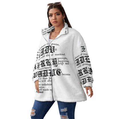 Ptahra B White/Black Writing Borg Fleece Stand-up Collar Coat With Zipper Closure(Plus Size)