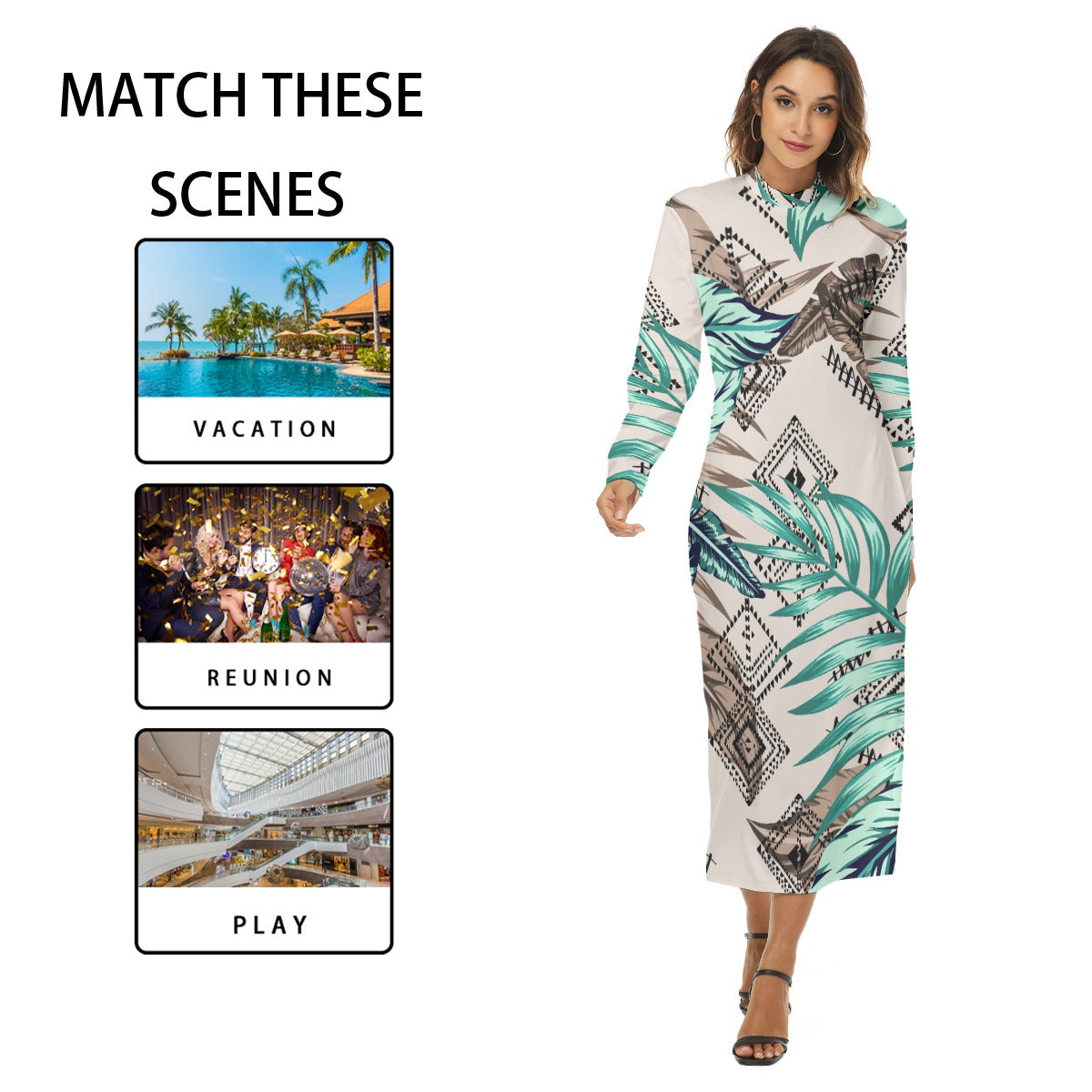 Ptahra B Light Beige/Green Leaf/Diamond Pattern Women's Hip Dress