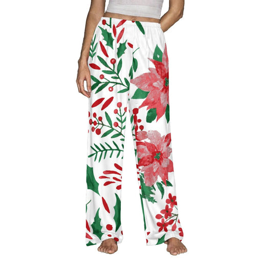 Ptahra Women's White/Green Leaf/Pink Floral Holiday Pajama Pants