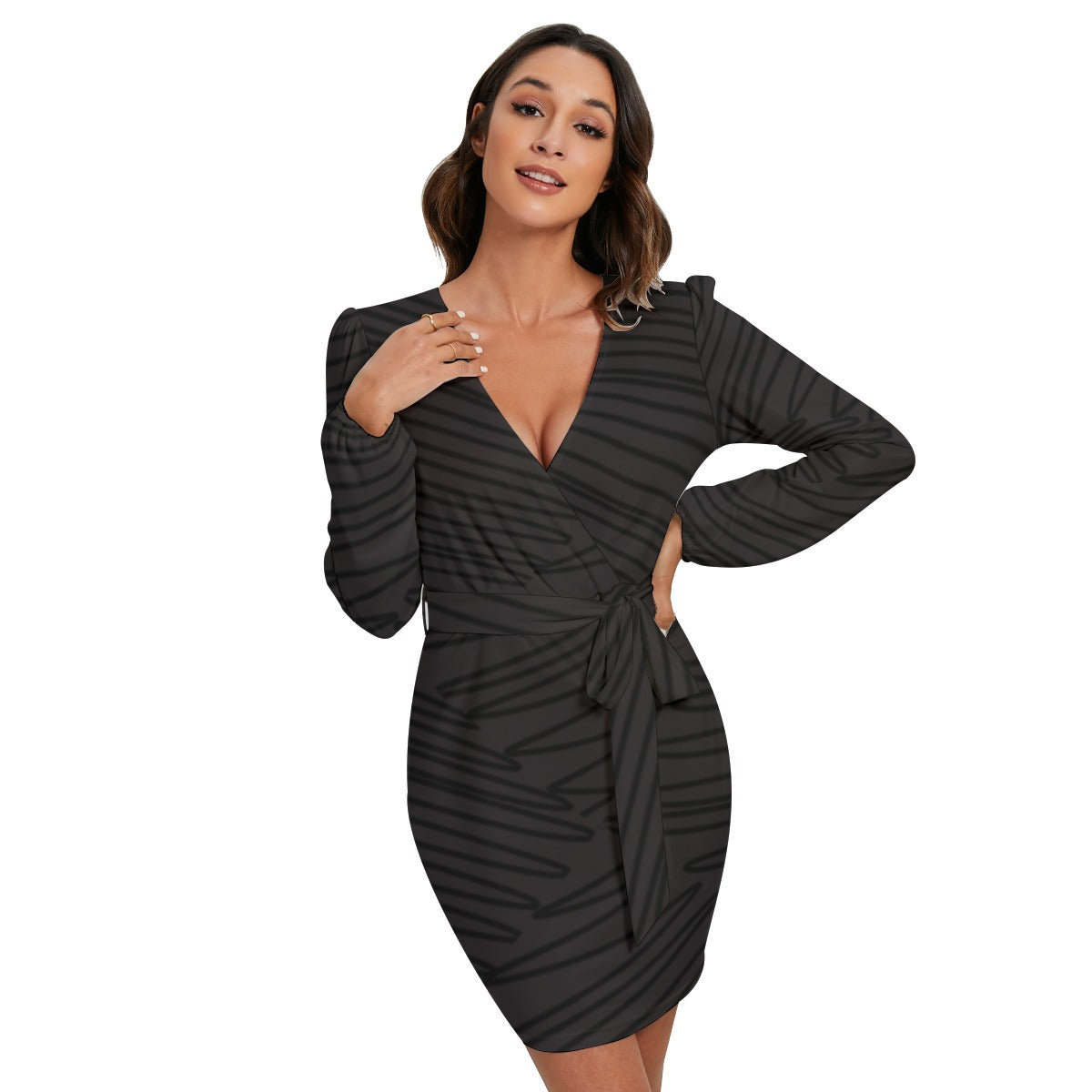 Ptahra B Grey Black/Black Line Pattern Women's Long Sleeve Dress With Waist Belt