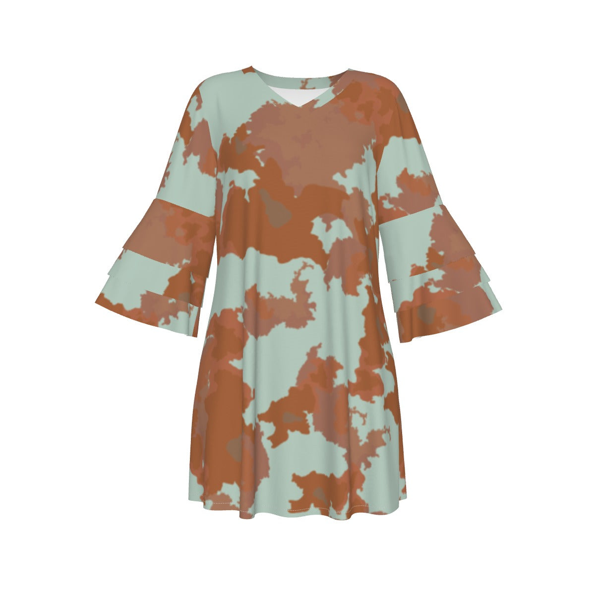 Ptahra B Women's soft Green/Brown Stacked Ruffle Sleeve Dress