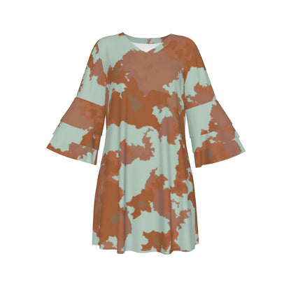 Ptahra B Women's soft Green/Brown Stacked Ruffle Sleeve Dress