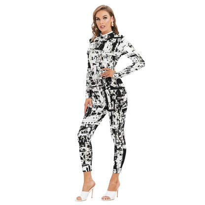 Ptahra B Women's White/Black Art Long-sleeved High-neck Jumpsuit with Zipper