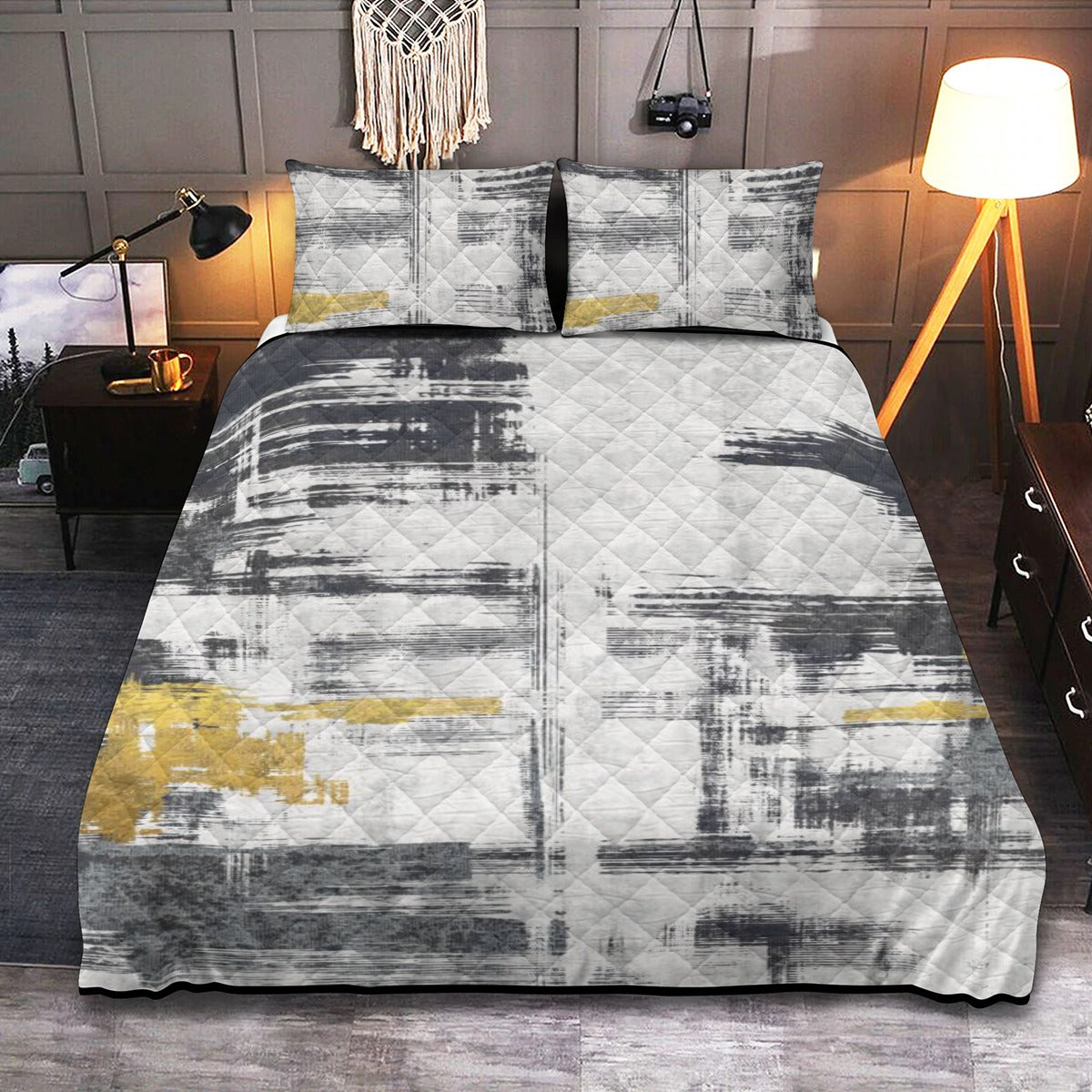 Ptahra B Grey/Dark Grey Quilt & Pillow Cases With  Edge-Wrapping Strips