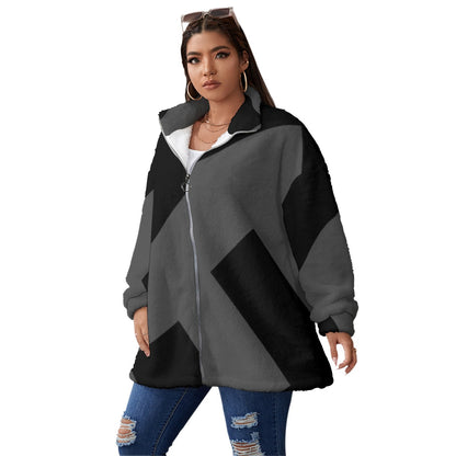 Ptahra B Black/Grey Borg Fleece Stand-up Collar Coat With Zipper Closure(Plus Size)