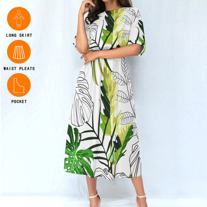 Ptahra B Women's Green Leaf Pattern on White Elastic Waist Dress
