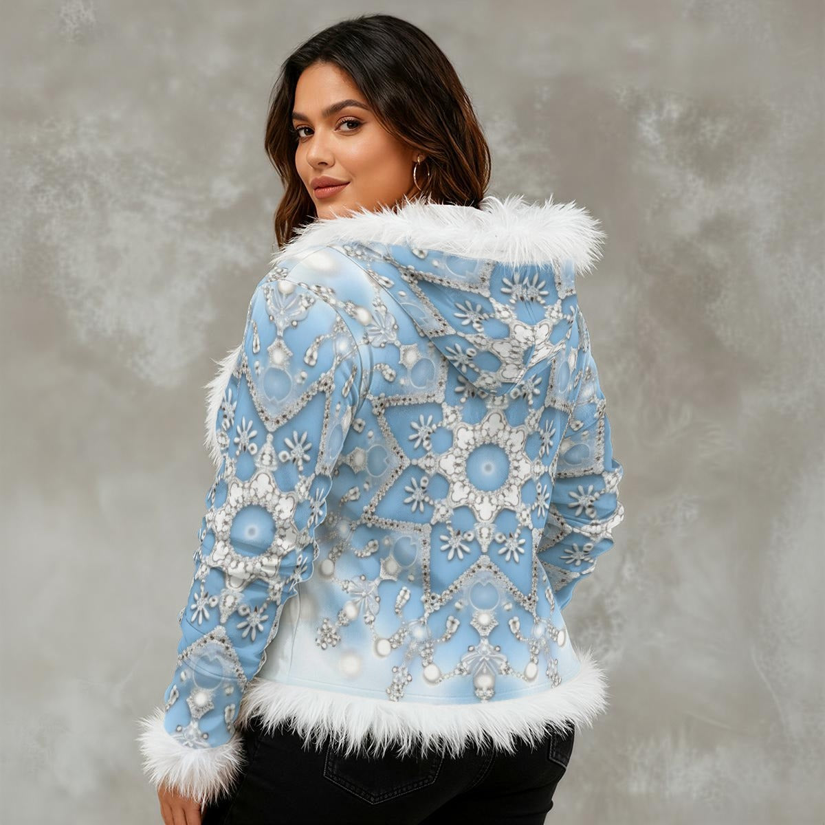 Ptahra B Women's Holiday Baby Blue Snow Flake Faux Fur Trim Hooded Jacket | Velvet