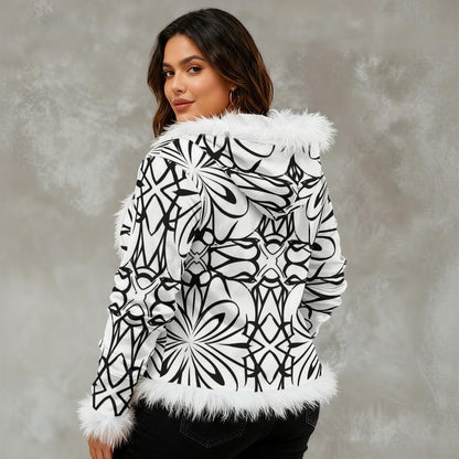 Ptahra Women's White/Black Floral Line Pattern Faux Fur Trim Hooded Jacket | Velvet