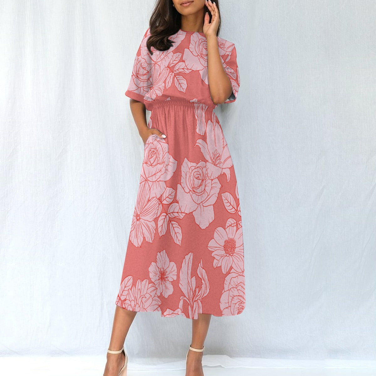 Ptahra B Women's Pink Floral Elastic Waist Dress