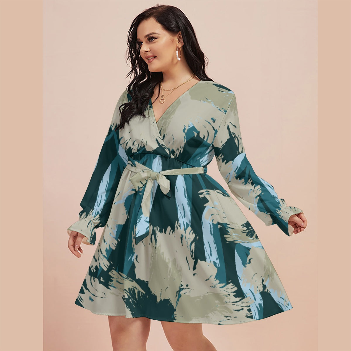 Ptahra B Floral/ Blue Women's V-neck Dress with Waistband