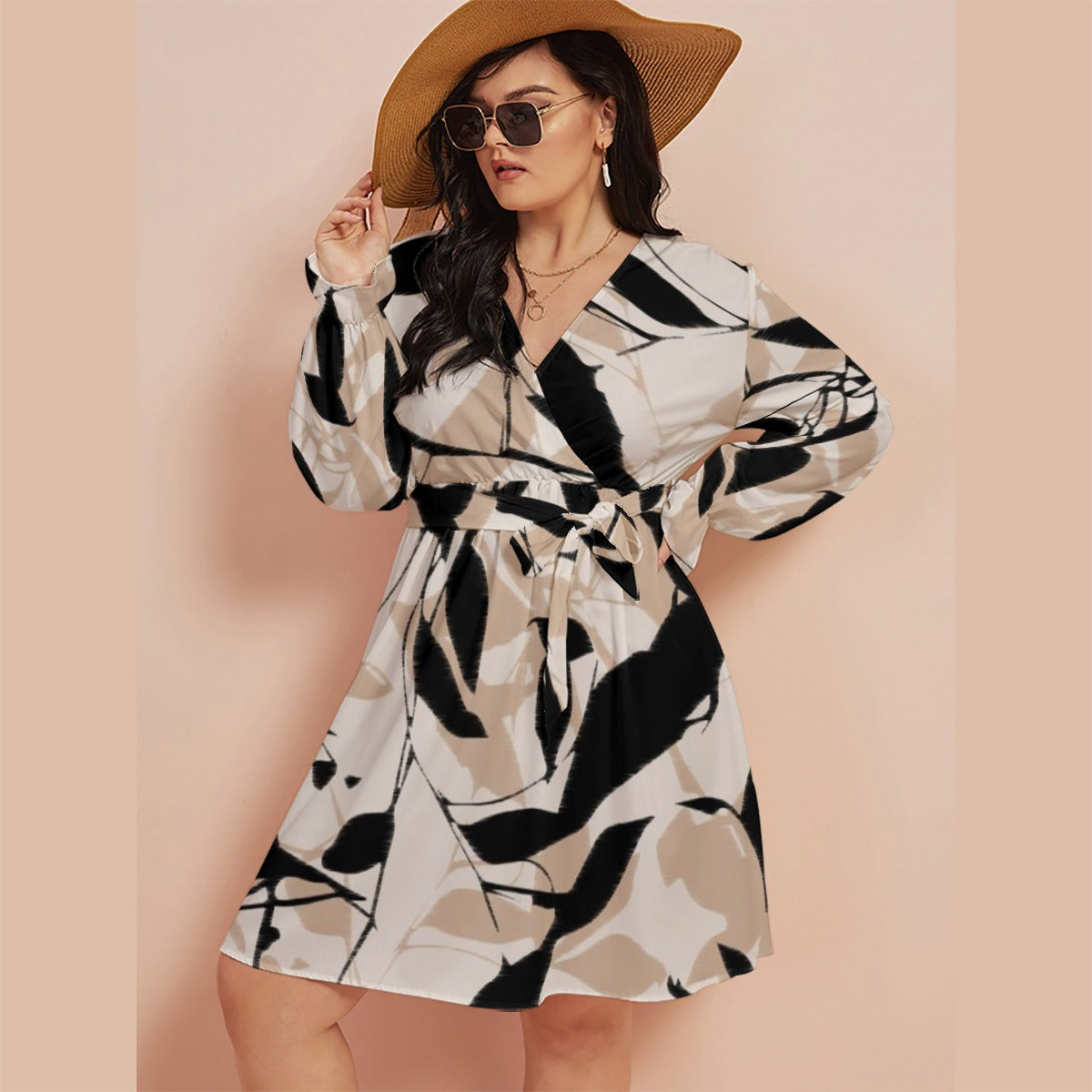 Ptahra B Women's Black/Beige Leaf V-neck Dress with Waistband