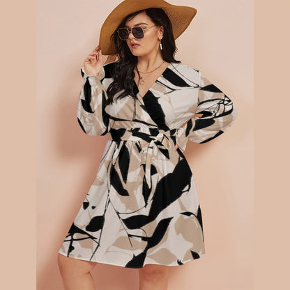 Ptahra B Women's Black/Beige Leaf V-neck Dress with Waistband