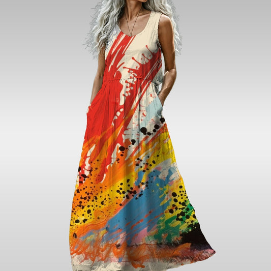 Ptahra B Women’s Bright Splash Paint Sleeveless Maxi Dress