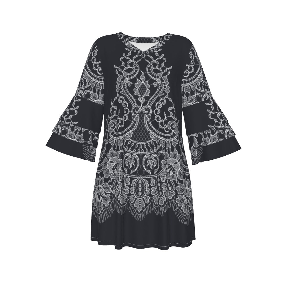 Ptahra B Women's Black/White Stacked Ruffle Sleeve Dress