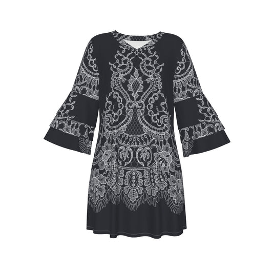 Ptahra B Women's Black/White Stacked Ruffle Sleeve Dress