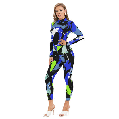Ptahra B Women's Blue/Grey/Lime Green Graphic Art Long-sleeved High-neck Jumpsuit with Zipper