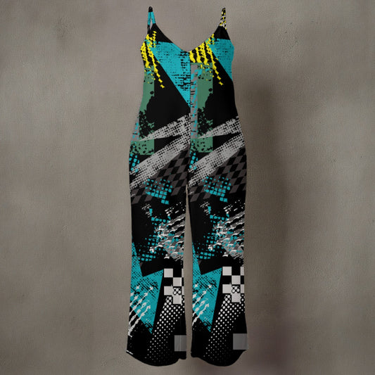 Ptahra B  Women’s Black/multi-Color with Yellow Spaghetti Strap Wide-Leg Jumpsuit