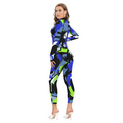 Ptahra B Women's Blue/Grey/Lime Green Graphic Art Long-sleeved High-neck Jumpsuit with Zipper