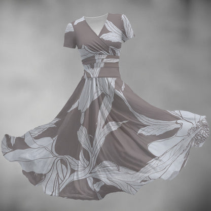 Ptahra Women's Floral Pattern Short Sleeve V Neck Midi Dress