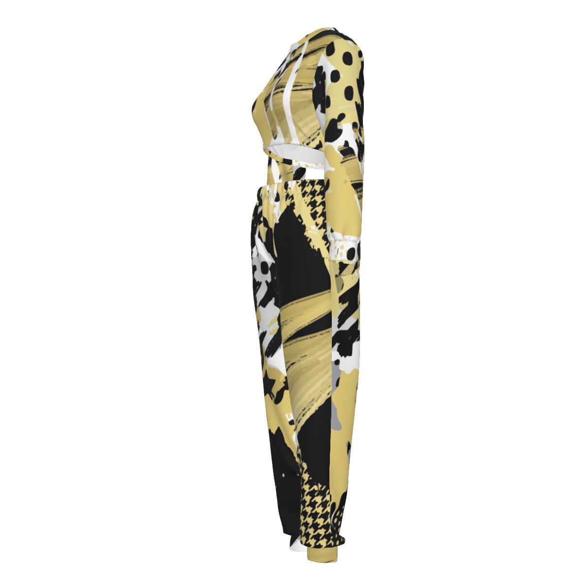 Ptahra B Women's Mustard Yellow/Black Art Crop Sweatshirt Suit