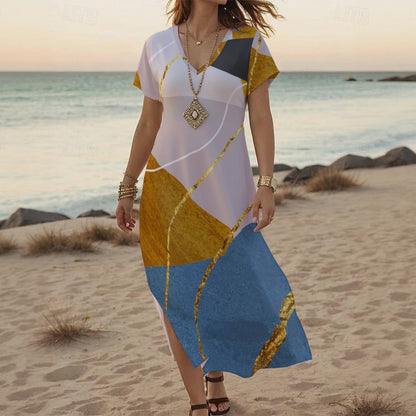 Ptahra B Women's White/Blue/Mustard Yellow with Gold V-neck Dress With Side Slit