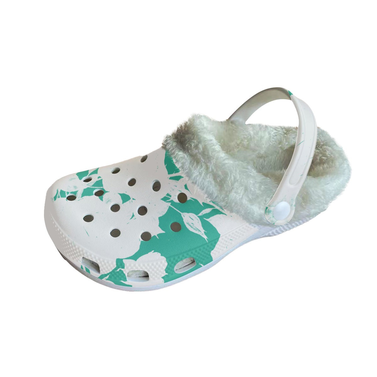 Ptahra B Women's White Floral on Green Classic Clogs with Fleece