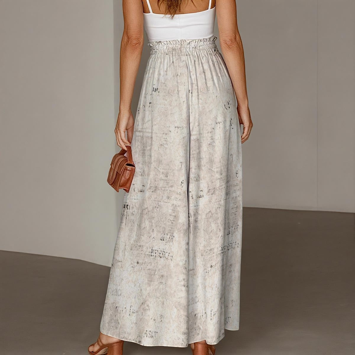 Ptahra Women's Rustic Letter Design Ruffled Wide-Leg Pants