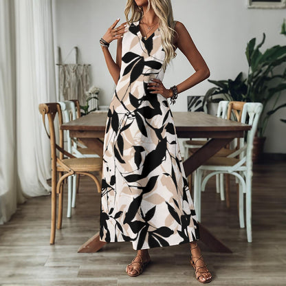 Ptahra Women's Black/Light Beige Floral V-Neck Long Dress