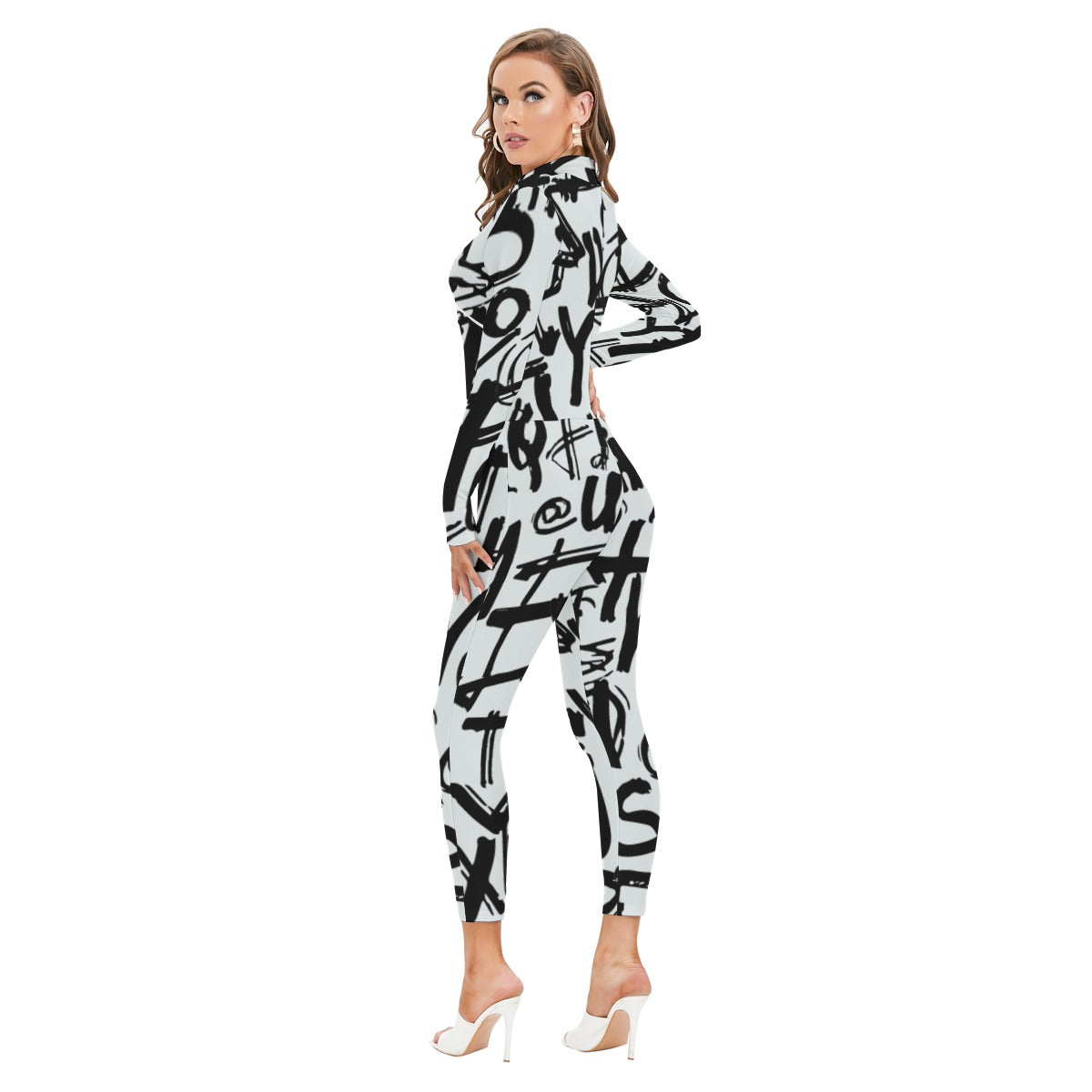 Ptahra B Women's White/Black Lettering Long-sleeved High-neck Jumpsuit with Zipper