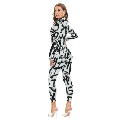 Ptahra B Women's White/Black Lettering Long-sleeved High-neck Jumpsuit with Zipper