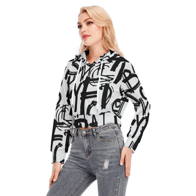 Ptahra B Women's White/Black Lettering Pattern Crop Top Hoodie with Zipper Closure