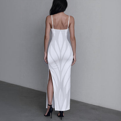 Ptahra B Women's Light Grey/White Floral Leaf Long Dress with Slit