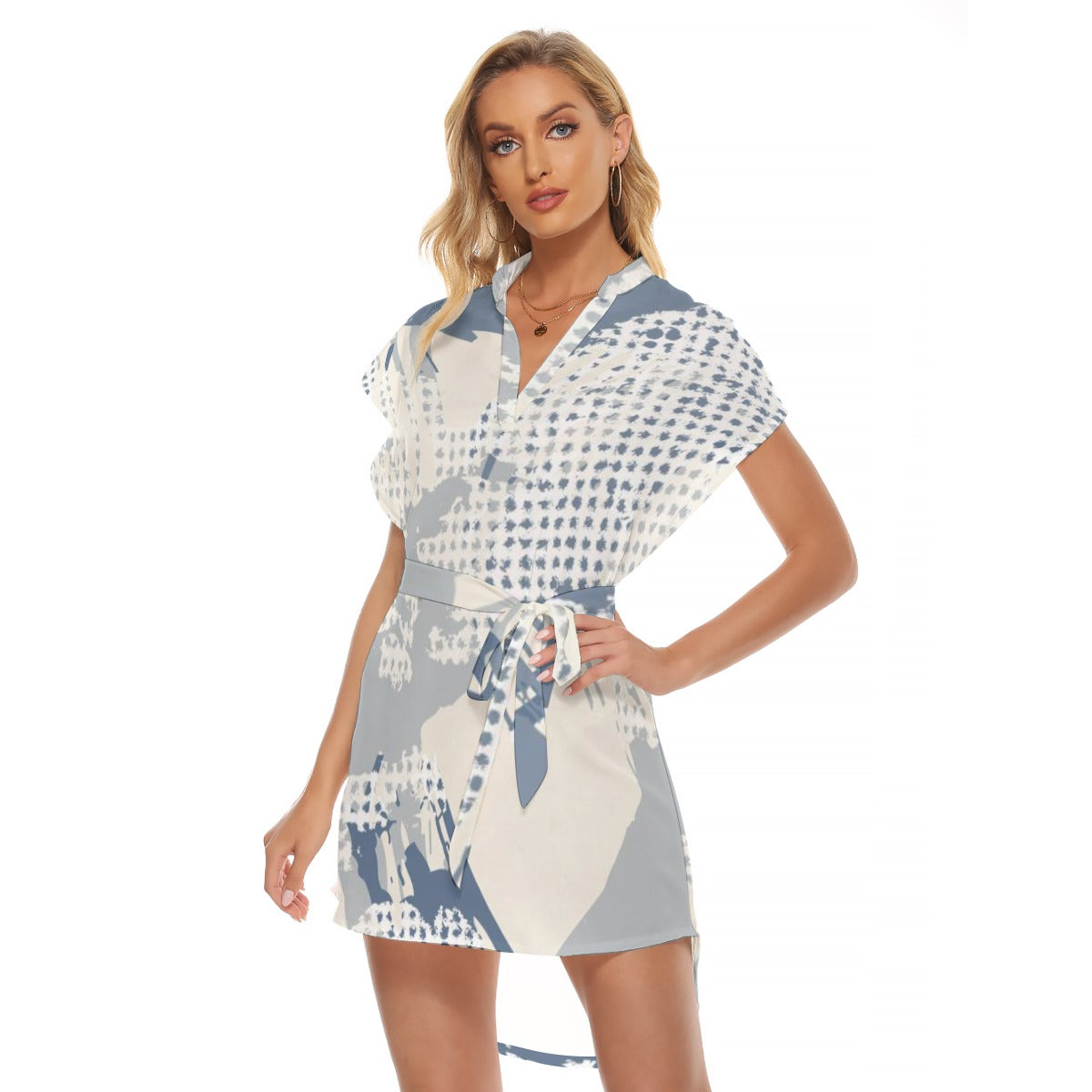 Ptahra B Women's Light Beige/Blue Grey Design Stand-up Collar Casual Dress with Belt