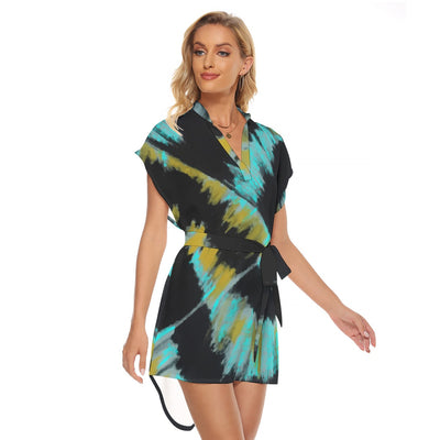 Ptahra B Women's Black/Turquoise with Mustard Yellow Stand-up Collar Casual Dress with Belt