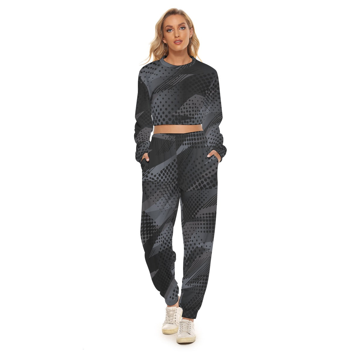 Ptahra B Women's Black/Grey Casual Graphic Crop Sweatshirt Suit