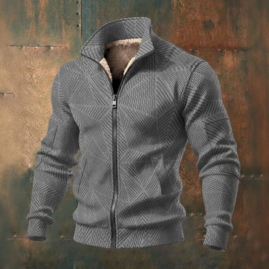 Ptahra Men's Dark Grey/Light Grey Triangular Line Pattern Thick Knit Fleece Jacket